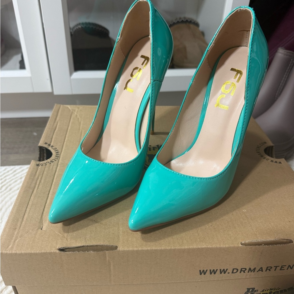 FSJ Teal Patent Pointed-Toe Stiletto Pumps